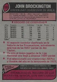 1977 Topps Mexican #166 - John Brockington - Green Bay Packers - Back