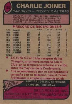 1977 Topps Mexican #167 - Charlie Joiner - San Diego Chargers - Back