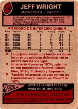 1977 Topps Mexican #169 - Jeff Wright - Minnesota Vikings - Back
