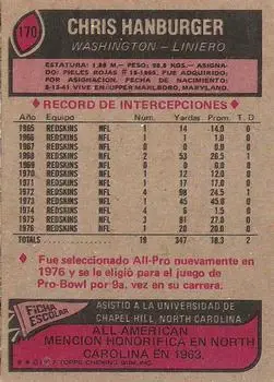 1977 Topps Mexican #170 - Chris Hanburger - Washington Redskins - Back