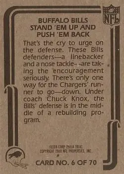 1980 Fleer Team Action #6 - Card #6 - Buffalo Bills - Back