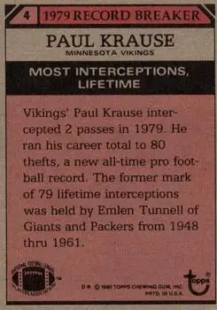 1980 Topps #4 - Paul Krause - Minnesota Vikings - Back