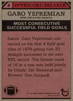 1980 Topps #6 - Garo Yepremian - New Orleans Saints
