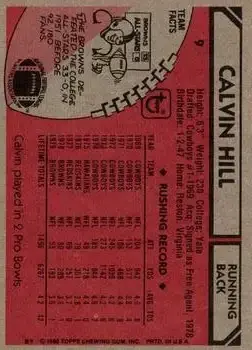1980 Topps #9 - Calvin Hill - Cleveland Browns - Back 1980 Topps #9 - Calvin Hill - Cleveland Browns - Back