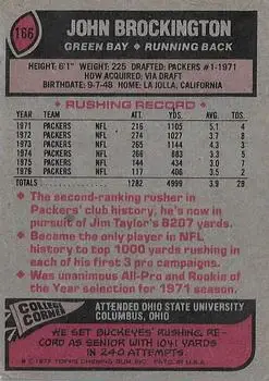 1977 Topps #166 - John Brockington - Green Bay Packers - Back