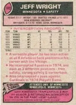 1977 Topps #169 - Jeff Wright - Minnesota Vikings 1977 Topps #169 - Jeff Wright - Minnesota Vikings