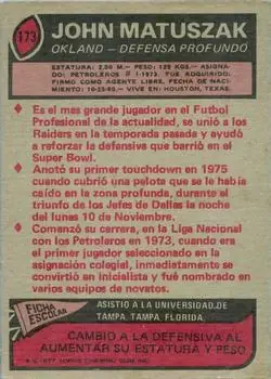 1977 Topps Mexican #173 - John Matuszak - Oakland Raiders - Back