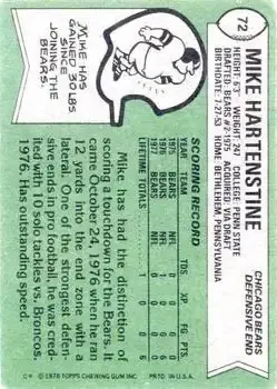 1978 Topps #72 - Mike Hartenstine - Chicago Bears - Back