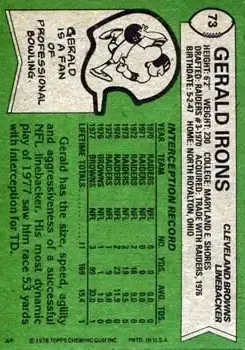 1978 Topps #73 - Gerald Irons - Cleveland Browns - Back