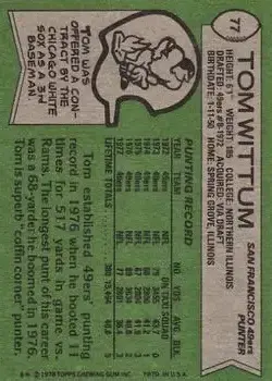 1978 Topps #77 - Tom Wittum - San Francisco 49ers - Back