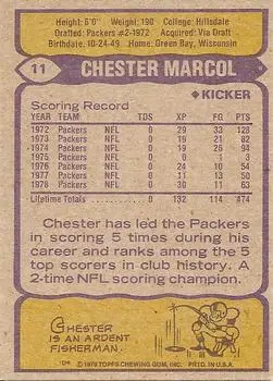 1979 Topps #11 - Chester Marcol - Green Bay Packers - Back