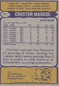 1979 Topps #11 - Chester Marcol - Green Bay Packers - Back
