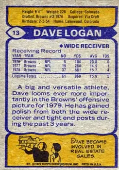 1979 Topps #13 - Dave Logan - Cleveland Browns 1979 Topps #13 - Dave Logan - Cleveland Browns