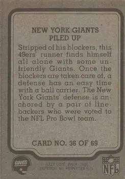 1979 Fleer Team Action #36 - Card #36 - New York Giants - Back