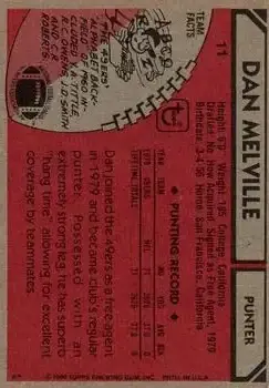 1980 Topps #11 - Dan Melville - San Francisco 49ers - Back