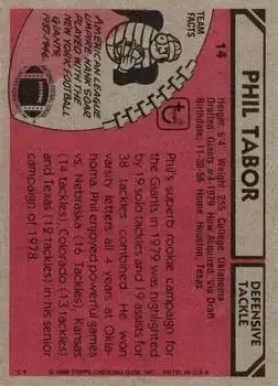 1980 Topps #14 - Phil Tabor - New York Giants - Back 1980 Topps #14 - Phil Tabor - New York Giants - Back