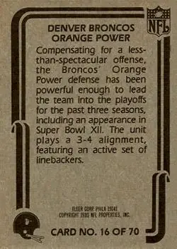 1980 Fleer Team Action #16 - Card #16 - Denver Broncos - Back