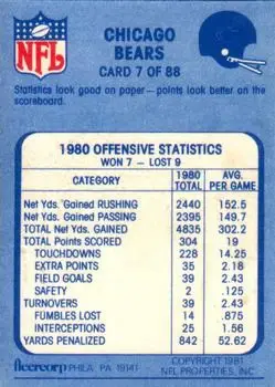 1981 Fleer Team Action #7 - Card #7 - Chicago Bears
