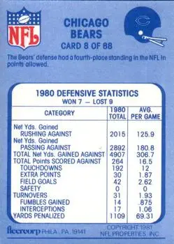 1981 Fleer Team Action #8 - Card #8 - Chicago Bears