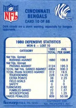 1981 Fleer Team Action #10 - Card #10 - Cincinnati Bengals