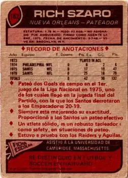 1977 Topps Mexican #182 - Rich Szaro - New Orleans Saints - Back