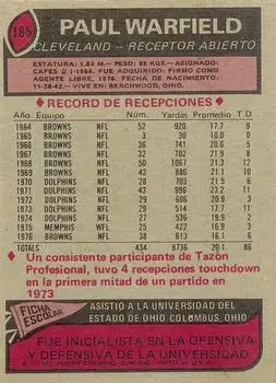 1977 Topps Mexican #185 - Paul Warfield - Cleveland Browns - Back