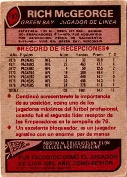 1977 Topps Mexican #187 - Rich McGeorge - Green Bay Packers - Back