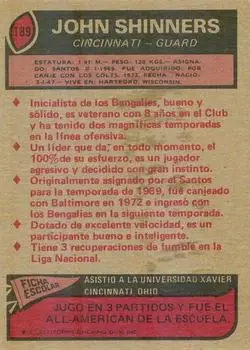1977 Topps Mexican #189 - John Shinners - Cincinnati Bengals - Back