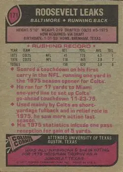 1977 Topps #171 - Roosevelt Leaks - Baltimore Colts - Back