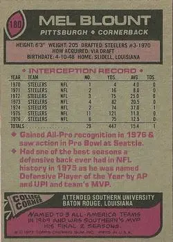 1977 Topps #180 - Mel Blount - Pittsburgh Steelers - Back