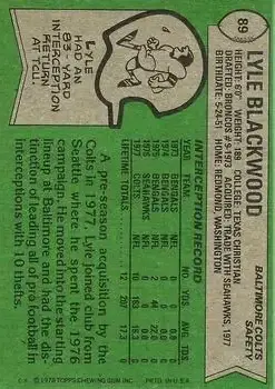 1978 Topps #89 - Lyle Blackwood - Baltimore Colts - Back