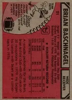 1980 Topps #21 - Brian Baschnagel - Chicago Bears - Back