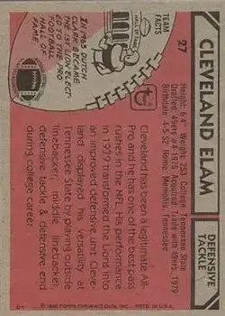 1980 Topps #27 - Cleveland Elam - Detroit Lions - Back