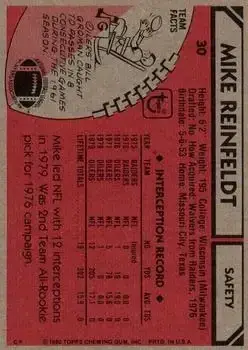1980 Topps #30 - Mike Reinfeldt - Houston Oilers - Back