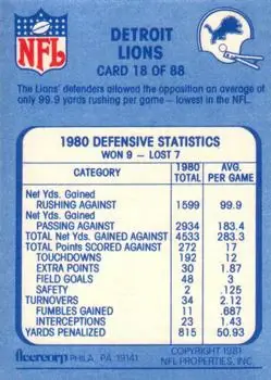 1981 Fleer Team Action #18 - Card #18 - Detroit Lions