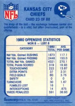 1981 Fleer Team Action #23 - Card #23 - Kansas City Chiefs