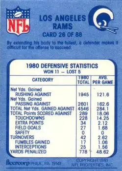 1981 Fleer Team Action #26 - Card #26 - Los Angeles Rams - Back