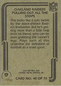 1980 Fleer Team Action #40 - Card #40 - Oakland Raiders - Back