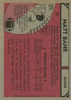 1980 Topps #31 - Matt Bahr - Pittsburgh Steelers - Back 1980 Topps #31 - Matt Bahr - Pittsburgh Steelers - Back