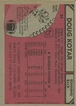 1980 Topps #34 - Doug Kotar - New York Giants - Back
