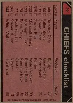 1980 Topps #39 - Card #39 - Kansas City Chiefs - Back