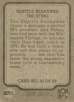 1979 Fleer Team Action #52 - Card #52 - Seattle Seahawks - Back