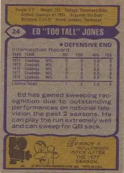 1979 Topps #24 - Ed "Too Tall" Jones - Dallas Cowboys - Back