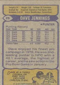 1979 Topps #25 - Dave Jennings - New York Giants - Back