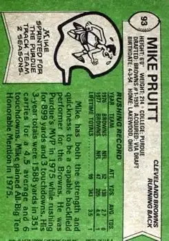 1978 Topps #93 - Mike Pruitt - Cleveland Browns - Back