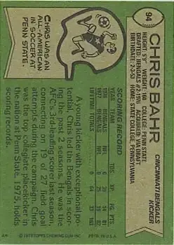 1978 Topps #94 - Chris Bahr - Cincinnati Bengals - Back 1978 Topps #94 - Chris Bahr - Cincinnati Bengals - Back