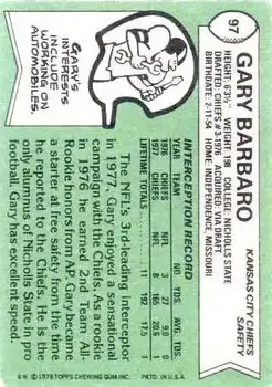 1978 Topps #97 - Gary Barbaro - Kansas City Chiefs - Back