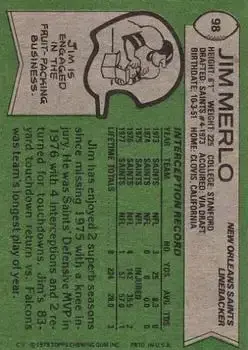 1978 Topps #98 - Jim Merlo - New Orleans Saints - Back 1978 Topps #98 - Jim Merlo - New Orleans Saints - Back