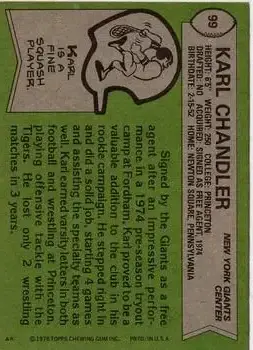 1978 Topps #99 - Karl Chandler - New York Giants - Back