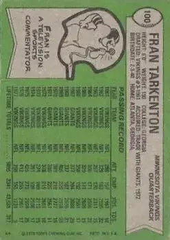 1978 Topps #100 - Fran Tarkenton - Minnesota Vikings